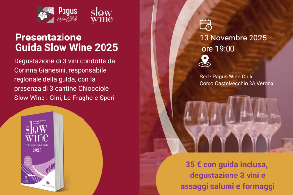 Vieni a scoprire la nuova guida Slow Wine 2025 e partecipa a una degustazione di 3 vini condotta da Corinna Gianesini, responsabile regionale della guida, con la presenza di 3 cantine Chiocciole: Gini, Le Fraghe e Speri. Incluso: guida Slow Wine 2025, degustazione 3 vini e assaggi salumi e formaggi.